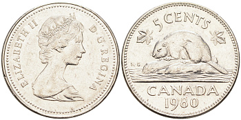 КАНАДА 5 ЦЕНТОВ 1980 БОБЕР KM 60.2 никель 4588-418