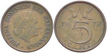 Нидерланды 5 центов 1972 Юлиана (1948-1980) KM 181 бронза 213-1116