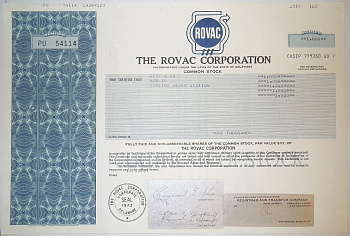 США, THE ROVAC CORPORATION 1000 акций 1987 бумага 00-00