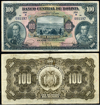 Боливия 100 боливиано 1928 серия B, Симон Боливар и Антонио Хосе Сукре Pick 125 a (2)  бумага   6285-45-2-1