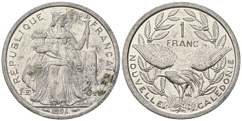 Французская Новая Каледония 1 франк 1994 птица кагу, (IEOM) KM 10, Schoen 10, Lec 52 алюминий 37-1256