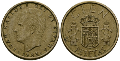 Испания 100 песет 1985 Король Хуан Карлос I (1975 - 2014) KM 826 алюминиевая бронза 4586-631