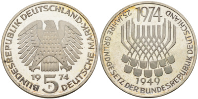 ФРГ 5 марок 1974 F, 25 лет со дня принятия конституции ФРГ KM 138, J.413 серебро UNC 75-314