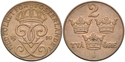 Швеция 2 эре 1950 Густав V (1907-1950) KM 778 бронза 68-1253