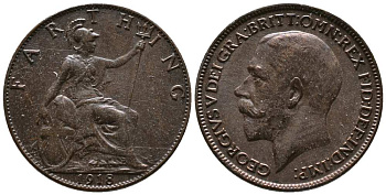 Великобритания 1 фартинг 1918 Георг V (1910-1936) KM 808.2, Spink 4060 бронза aUNC 117-653