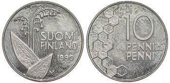 ФИНЛЯНДИЯ 10 ПЕННИ 1990 M, ЛАНДЫШ KM 65 медно-никель UNC 3334-1159