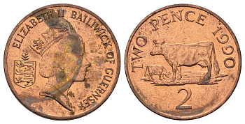 Гернси 2 пенса 1990 Елизавета II (1952-2022), краб KM 41 бронза 4666-244