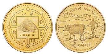 Непал 2 рупии 2006 BS 2063, Гьянендра Бир Бикрам (2001-2008) KM 1188 сталь плакированная латунью UNC 216-454