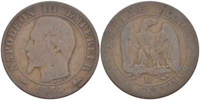 ФРАНЦИЯ 5 САНТИМОВ 1854 D, НАПОЛЕОН III (1852-1870) KM 777.4, LE FRANC 116.12 бронза 108-252