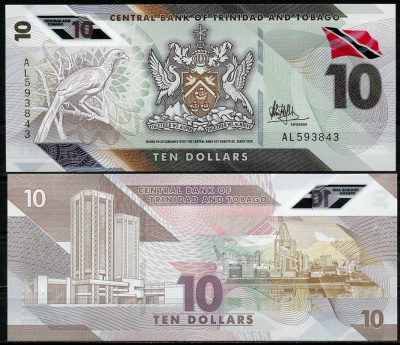 Тринидад и Тобаго 10 долларов 2020 рыжехвостая чачалака, здание Центрального банка Pick 62 пластик UNC (пресс) 447-97-3