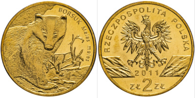 Польша 2 злотых 2011 MW, серия всемирная природа, барсук KM 762 нордик UNC 4511-347