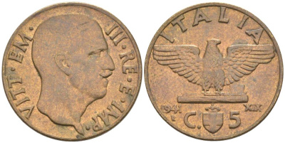 ИТАЛИЯ 5 ЧЕНТЕЗИМО 1941 R, ГОД XIX, ВИКТОР ЭММАНУИЛ III (1900-1946) KM 73a, VEM3. 0955 алюминиевая бронза 3853-242