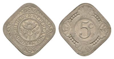Нидерланды 5 центов 1936 Вильгельмина (1890-1948) KM 153 медно-никель 4669-1255