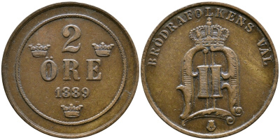 Швеция 2 эре 1889 Оскар II (1872-1907) король Швеции и Норвегии KM 746 бронза 61-1152