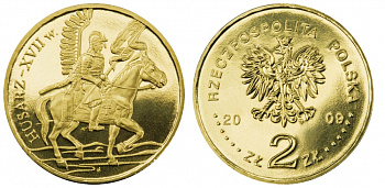 Польша 2 злотых 2009 MW, серия история Польской кавалерии, гусар XVII века KM 670 латунь UNC M12-18