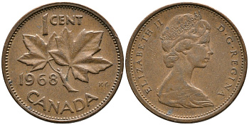 Канада 1 цент 1968 Елизавета II (1952-2022), кленовый лист KM 59.1 бронза 4528-731