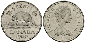 Канада 5 центов 1980 Елизавета II (1953-), бобр KM 60.2 никель 4167-925