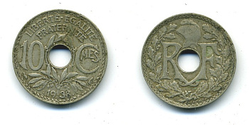 ФРАНЦИЯ 10 САНТИМОВ 1938 ТИП ЛИНДАЙЁ .1938. KM 889.1 никель бронза 84-341
