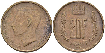 Люксембург 20 франков 1981 герцог Жан (1964-1999) KM 58 алюминиевая бронза 4402-245