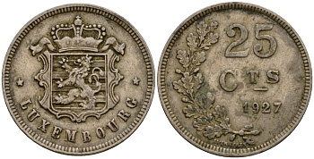 Люксембург 25 сантимов 1927 Шарлотта (1918-1964) KM 37 медно-никель 4122-316