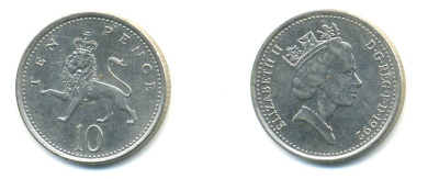 Великобритания 10 пенсов 1992 Елизавета II (1952-2022) KM 938b, Spink 4367 (F4) медно-никель 59-515