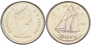 Канада 10 центов 1981 Елизавета II (1952-2022), парусник KM 77.2 никель  UNC  4147-356