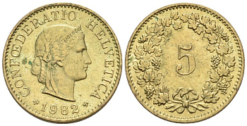 Швейцария 5 раппенов 1982 KM 26с алюминиевая бронза 4576-921