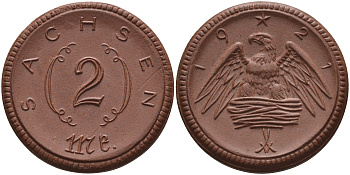 Саксония 2 марки 1921 J. N 56 фарфор 1094-2-64