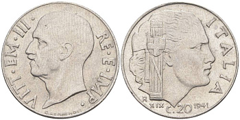 ИТАЛИЯ 20 ЧЕНТЕЗИМО 1941 R, ГОД XIX, ВИКТОР ЭММАНУИЛ III (1900-1946) KM 75b, VEM3. 1028 нержавеющая сталь 3853-1056