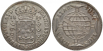 Бразилия 960 рейс 1814 монетный двор не прочеканен, перечекан, патина, Жоао принц-регент (1799-1818) KM 307 серебро 00-000-00