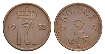 Норвегия 2 эре 1952 Хокон VII (1905-1957) KM 399 бронза 4635-324