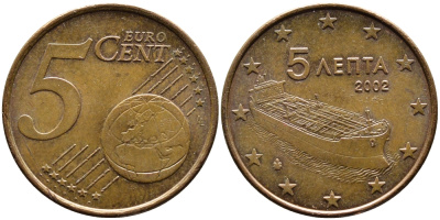 ГРЕЦИЯ 5 ЕВРОЦЕНТОВ 2002 KM 183 сталь плакированная медью 4390-1135