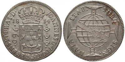 Бразилия 960 рейс 1814 монетный двор не прочеканен, перечекан, патина, Жоао принц-регент (1799-1818) KM 307 серебро 00-000-00