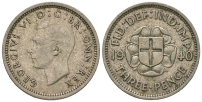 Великобритания 3 пенса 1940 Георг VI (1936-1952) KM 848, Spink 4085 серебро 4615-1036