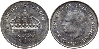 Швеция 1 крона 2007 Карл XVI Густав (1973- ) KM 894 медно-никель 176-1257