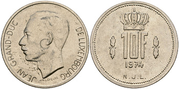 Люксембург 10 франков 1974 Великий герцог Жан (1964-2000) KM 57 никель 4120-1143