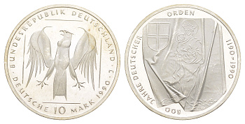 ФРГ 10 марок 1990 800 лет Тевтонскому Ордену KM 176 серебро UNC 4117-141