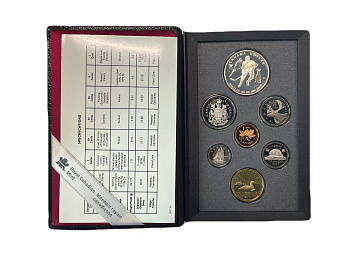 Канада набор из 7 монет (1, 5, 10, 25 и 50 центов; 1 доллар) 1993 100 лет Кубку Стенли, в оригинальной упаковке, с сертификатом подлинности KM 181, 182, 183, 184, 185, 186 и 235 PROOF 6-6-2-01