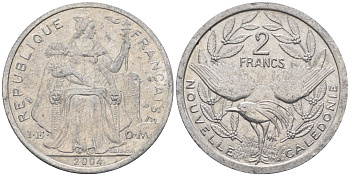 Французская Новая Каледония 2 франка 2004 птица кагу, (IEOM) KM 14, Schoen 11, Lec 68i алюминий    28-1125