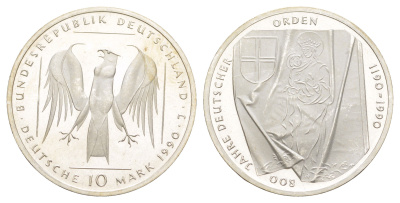 ФРГ 10 марок 1990 800 лет Тевтонскому Ордену KM 176 серебро UNC 4117-141