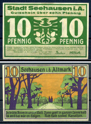 Зехаузен в Альтмарке (Пруссия, Саксония) 10 пфеннигов 1921 DeNG 1/2 1215.1-1/3 бумага aUNC 7556-21-1-2