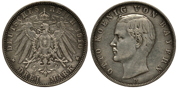 Бавария 3 марки 1910 Отто (1886-1913) Weege 45, J. 47, KM 515 серебро 3711-1944