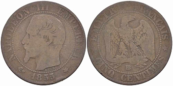 Франция 5 сантимов 1855 BB, Наполеон III (1852-1870) KM 777.3, LE FRANC 116.21 бронза 108-334