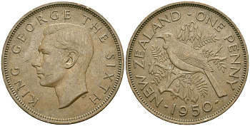 Новая Зеландия 1 пенни 1950 птица туи, король Георг VI (1937 - 1952) KM 21 бронза 4536-242