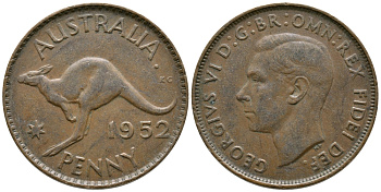 Австралия 1 пенни 1952 m, Георг VI (1937-1952), кенгуру KM 43 бронза 84-1124
