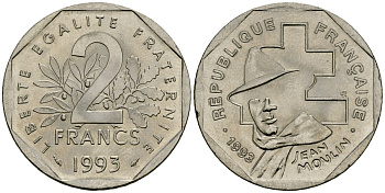 Франция 2 франка 1993 Жан Мулен, 50 лет Национальному движению сопротивления KM 1062, Le Franc 273.2 никель 4120-432