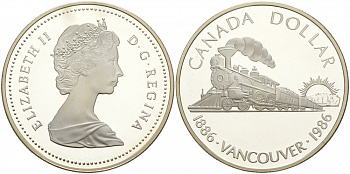 Канада 1 доллар 1986 100 лет Ванкуверу, паровоз KM 149 серебро PROOF M6-18