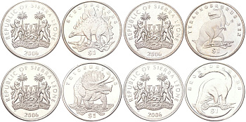 Сьерра-Леоне полный набор из 4 монет (1 доллар) 2006 Динозавры - Стегозавр, Тираннозавр, Трицератопс и Бронтозавр KM 308, 309, 310 и 324 медно-никель BU N3-36