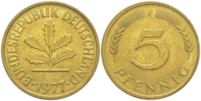 ФРГ 5 ПФЕННИГОВ 1977 F KM 107, J. 382 сталь плакированная латунью 116-263