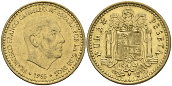 Испания 1 песета 1966 (74) Франсиско Франко (1939-1975) KM 796 алюминиевая бронза 4155-416